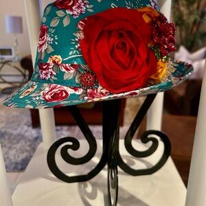Floral Teal Hat with Red Rose Accent